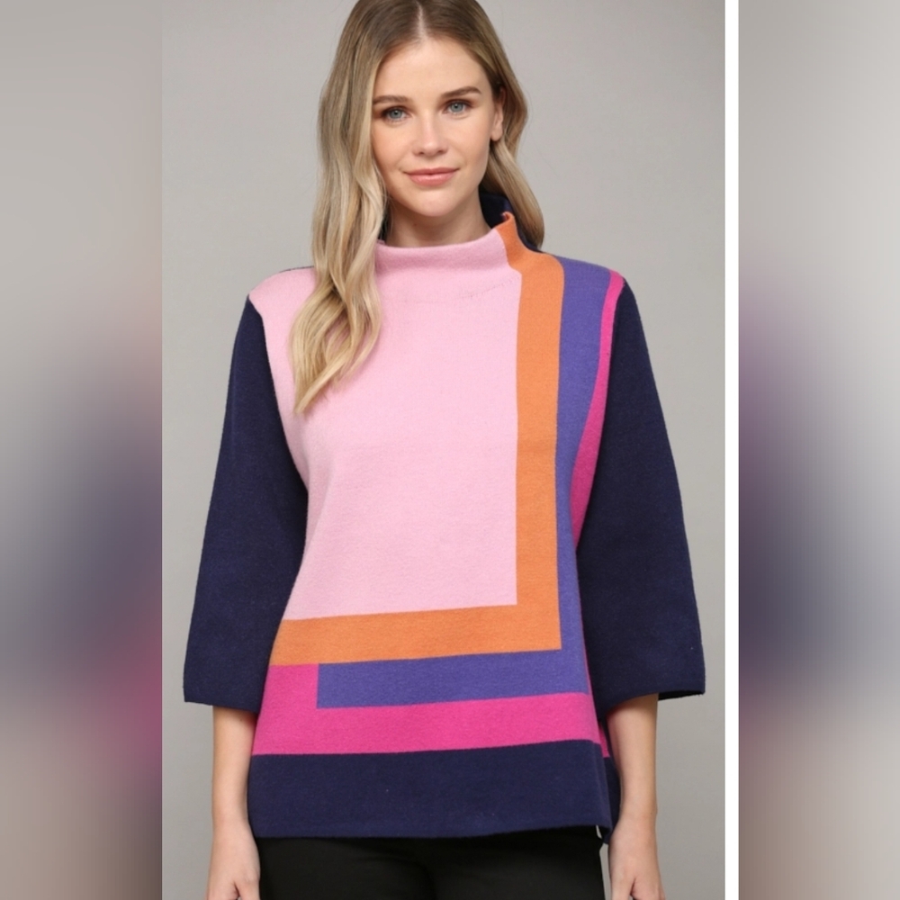 FATE Color block mock neck sweater 3/4 sleeve